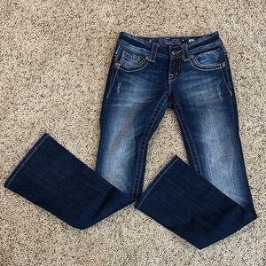 Miss Me Dark Blue Bootcut Jeans with Faded Detailing